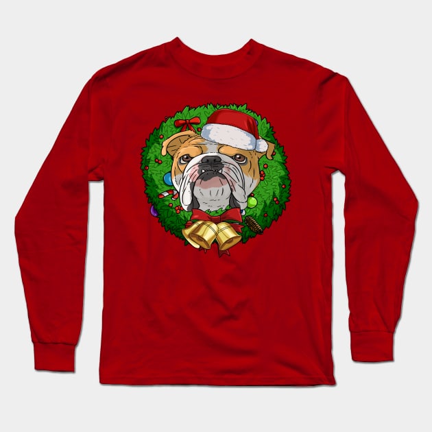 Funny English Bulldog Santa Christmas Wreath Long Sleeve T-Shirt by Noseking